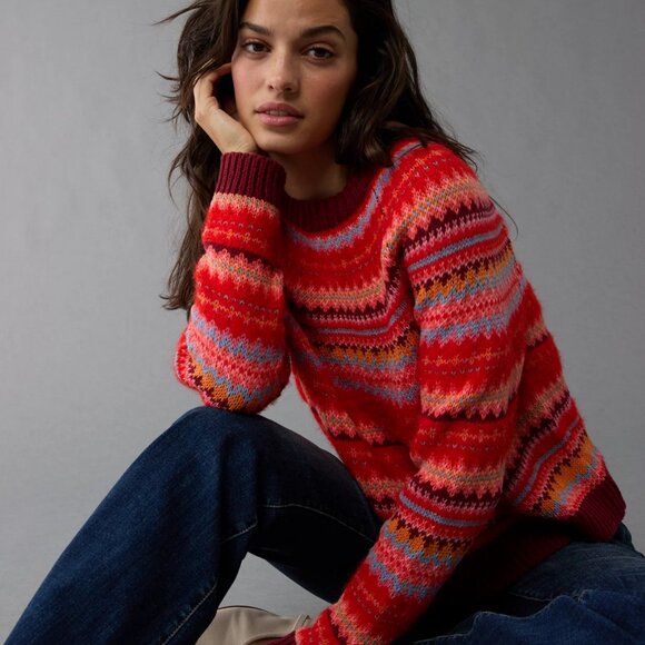 American Eagle Red Orange Fair Isle Festive Feels Cottagecore Cozy Sweater XL - Picture 1 of 11